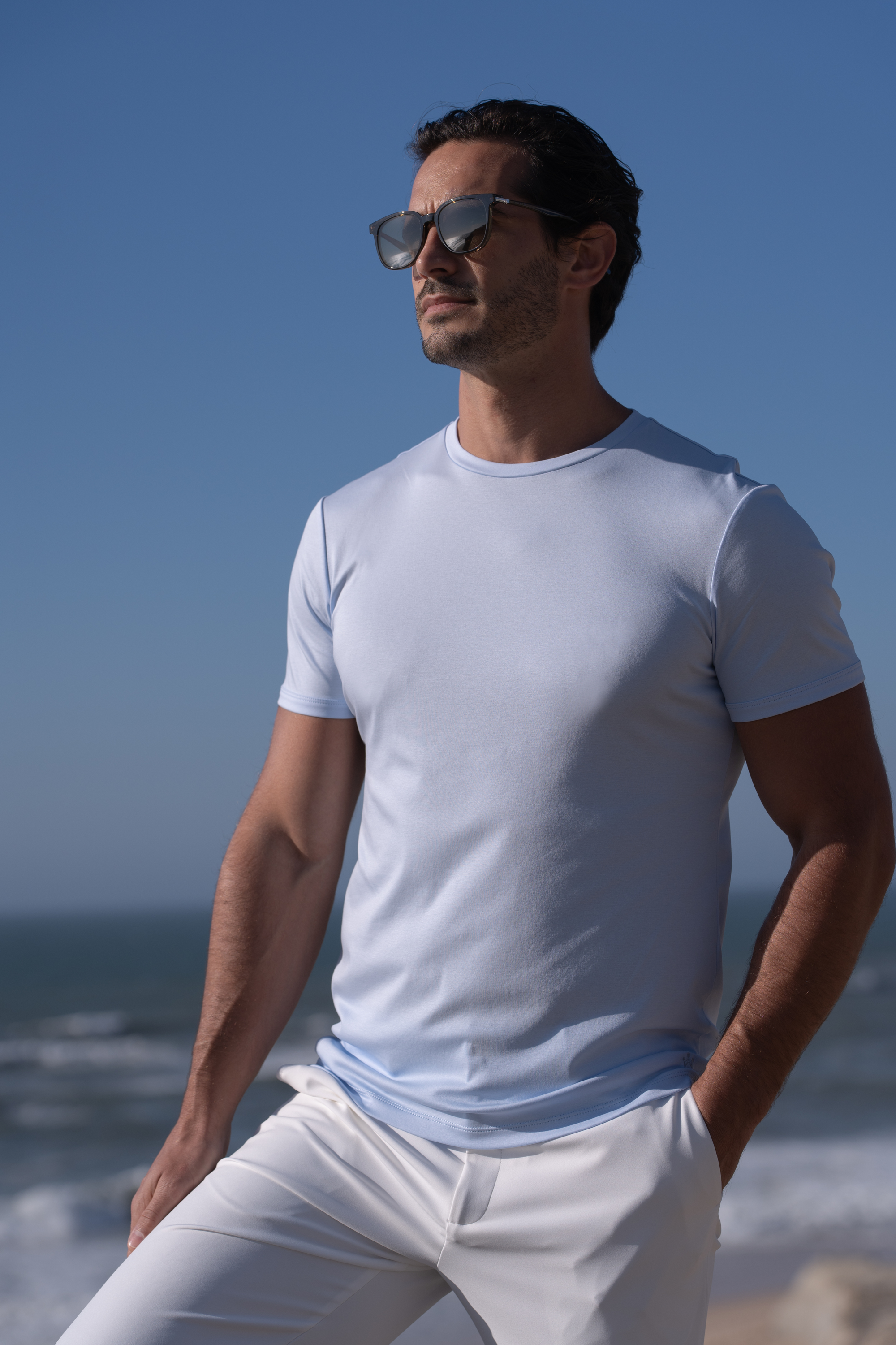 Quality light blue mercerized cotton t-shirt showcasing timeless elegance and sophisticated styling