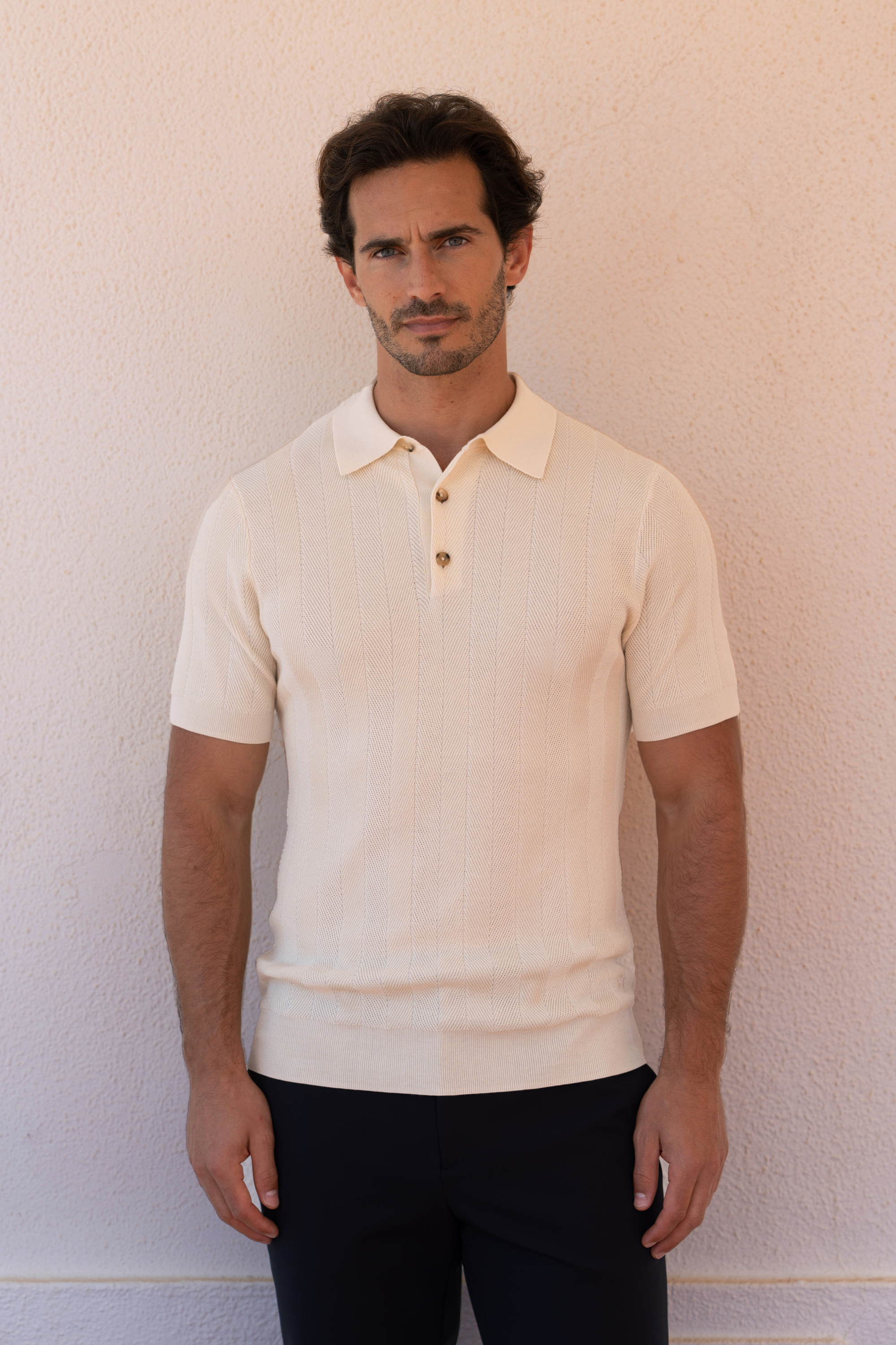 Timeless royal beige structured polo displaying quality craftsmanship and elegant design.