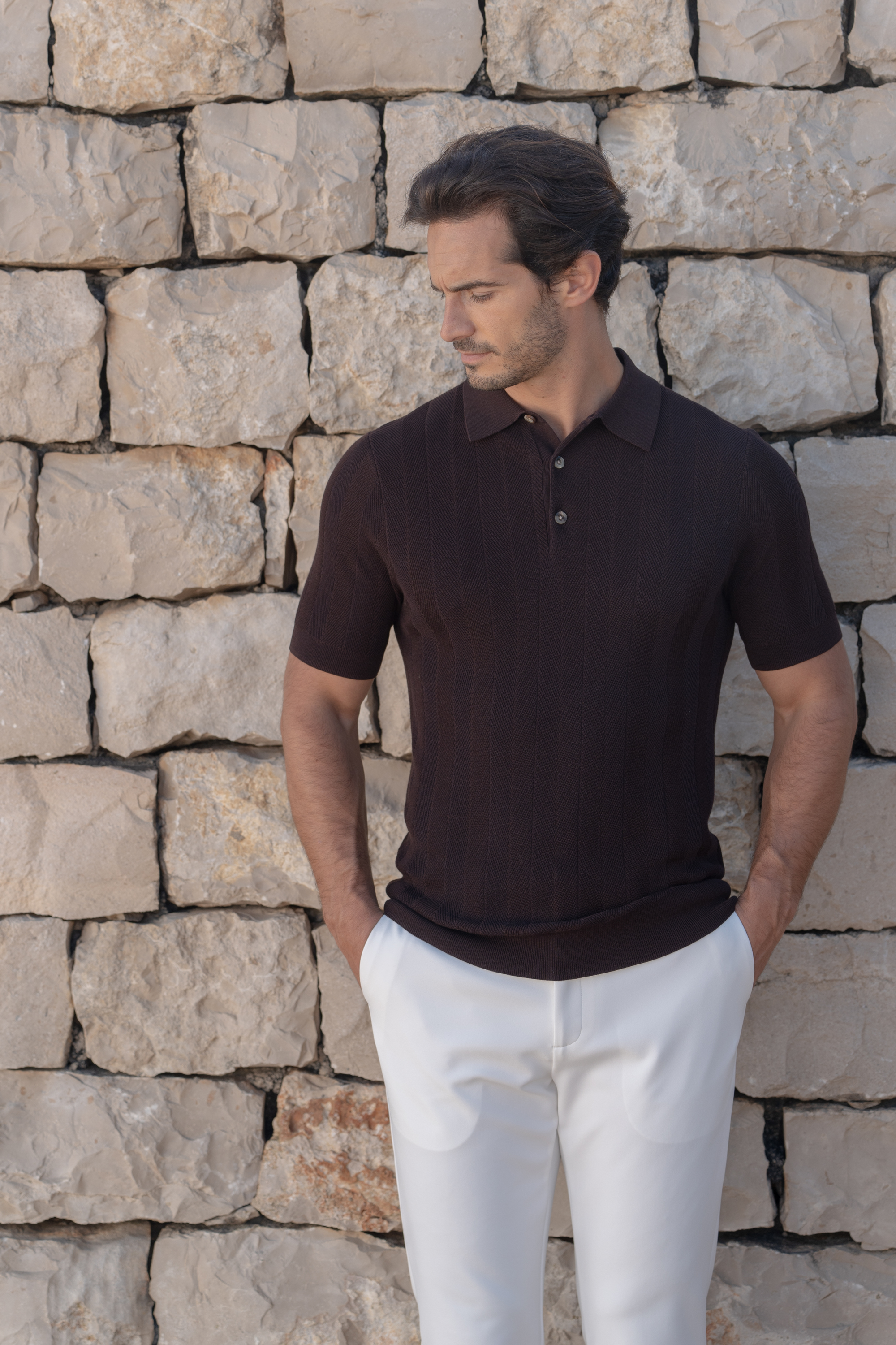 Elegant dark brown structured polo featuring timeless quality and essential luxury.