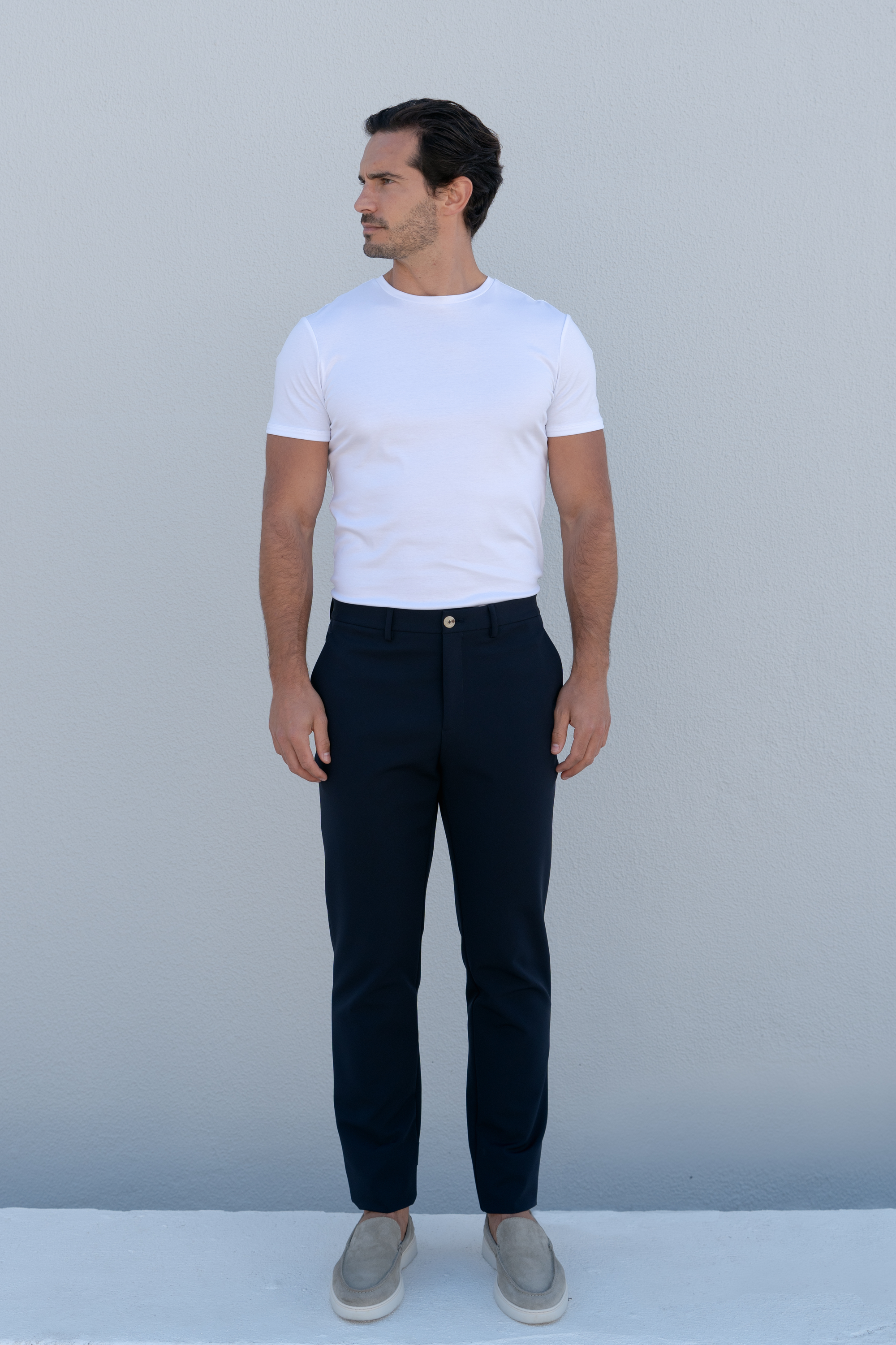 Quality navy casual trousers showcasing timeless tailoring and elegant sophistication.