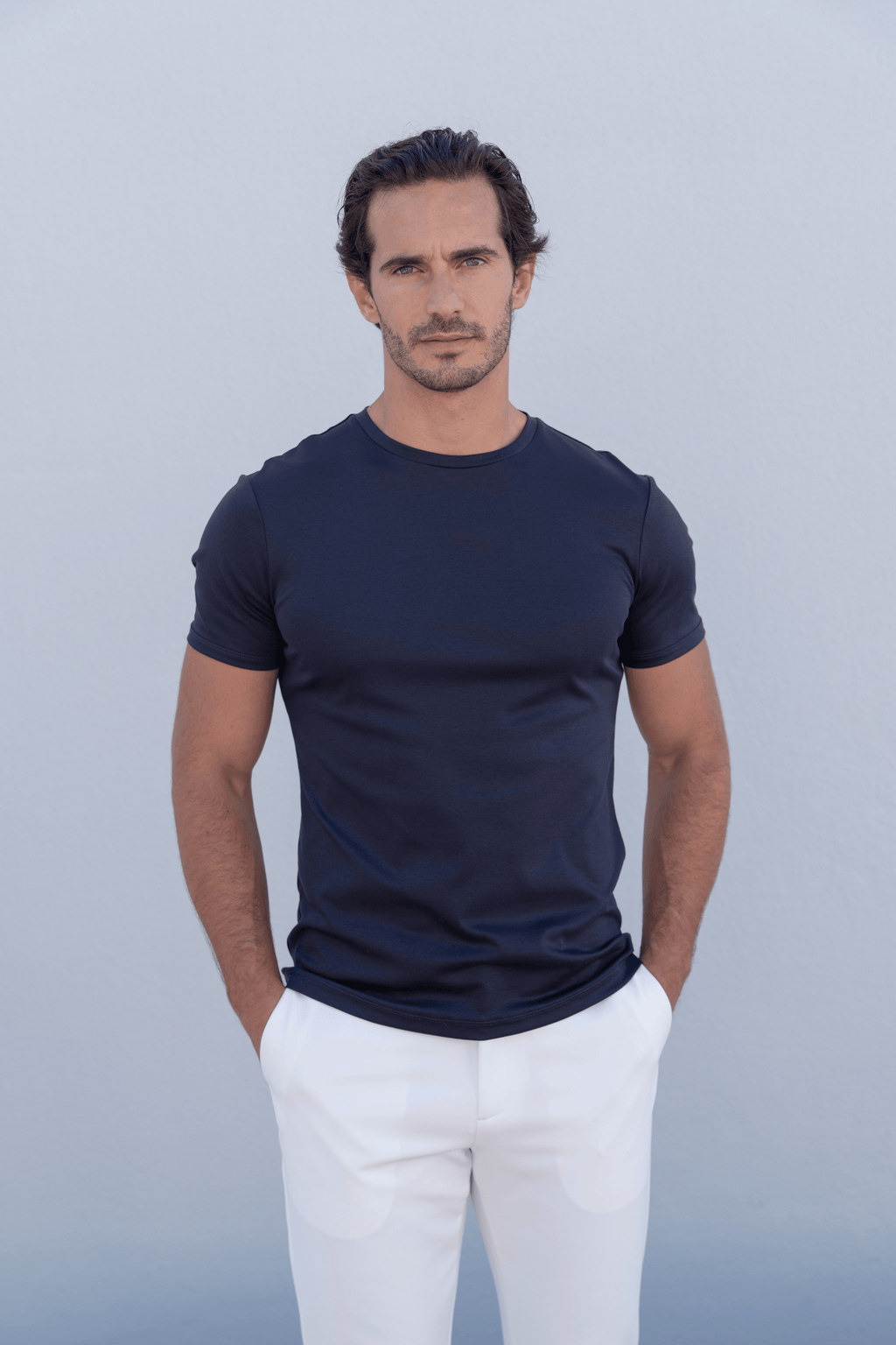 Timeless navy mercerized cotton t-shirt displaying quality and elegant simplicity