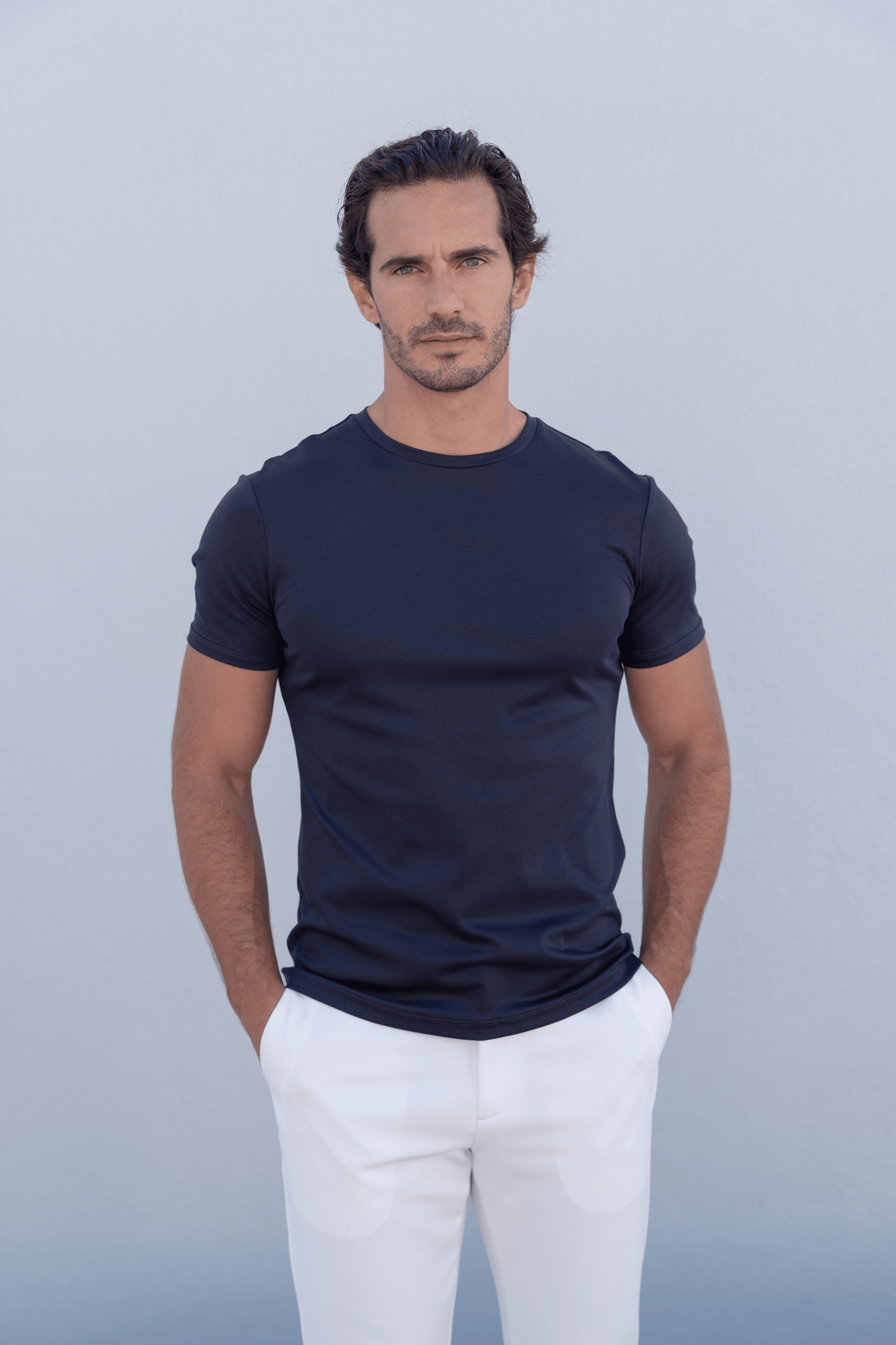 Timeless navy mercerized cotton t-shirt displaying quality and elegant simplicity